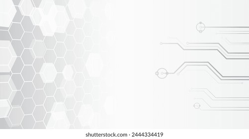 Science concept, hexagons with circuit board. Abstract hi tech communication for presentation or banner. Sci-fi gray background with various technology elements.