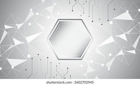 Science concept, hexagons with circuit board. Abstract hi tech communication for presentation or banner. Sci-fi gray background with various technology elements.