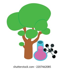 Science concept icon isometric vector. Chemical flask, molecule model under tree. Study, research, experiment