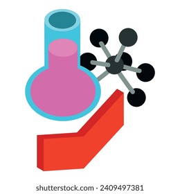 Science concept icon isometric vector. Chemical flask, molecule model and arrow. Study, research, experiment