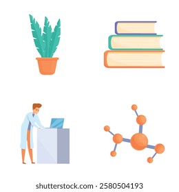 Science concept icons set cartoon vector. Male scientist making research in lab. Technology, education