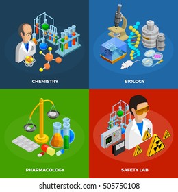 Science concept icons set with chemistry biology and pharmacology symbols isometric isolated vector illustration 