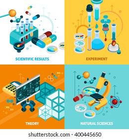 Science concept icons set with experiment and results symbols isometric isolated vector illustration 