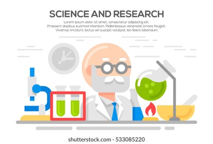 Science concept illustration. Science and scientist, science laboratory, lab chemistry, research scientific, microscope and experiment, chemical lab science test, technology illustration