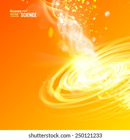 Science concept image of DNA with energy tornado over orange backdrop. Vector illustration.