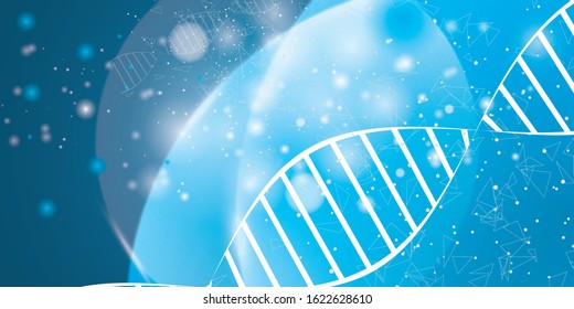 Science concept image of human hand touching DNA. Blue light abstraction of digital art. Vector illustration.