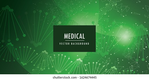 Science concept image of human hand touching DNA. Green light abstraction of digital art. Vector illustration.