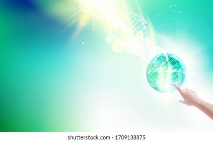 Science concept image of human hand pointing on blue globe abstraction. Vector illustration.