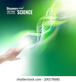 Science concept image of human hand touching DNA. Vector illustration.