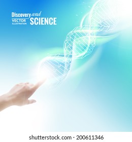 Science concept image of human hand touching DNA. Vector illustration.