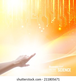 Science concept image of human hand pointing on abstraction. Vector illustration.