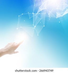 Science concept image of human hand touching DNA. Vector illustration.