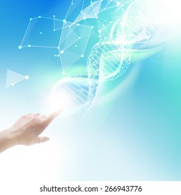 Science concept image of human hand touching DNA. Vector illustration.