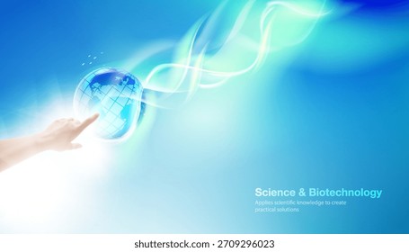 Imagem conceitual da ciência de mão humana tocando DNA. Ilustração vetorial. Plano de fundo abstrato do DNA. Cromossomo de estrutura celular 3D. Genoma da hélice do fundo médico