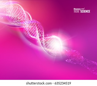 Science concept image of human hand touching DNA. Blue light abstraction of digital art. Vector illustration.