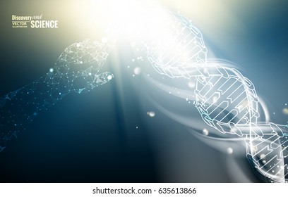 Science concept image of human hand touching DNA. Blue light abstraction of digital art. Vector illustration.