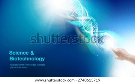 Science concept image of a human hand touching DNA. Vector illustration. Abstract DNA background. 3D chromosome cell structure. Medical helix genome background.