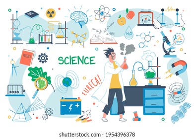 Wissenschaftskonzept einzeln auf Elemente gesetzt. Bündel von Wissenschaftlern, die wissenschaftliche Forschung oder Test, Laborausrüstung, Physik, Chemie, Molekül, Atom. Vektorgrafik in flachem Cartodesign