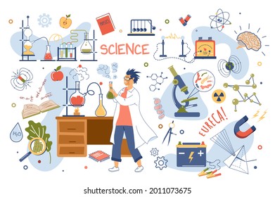 Science concept isolated elements set. Collection of scientist makes chemical experiments in laboratory, equipment, molecule, brain, physics tests and other. Vector illustration in flat cartoon design