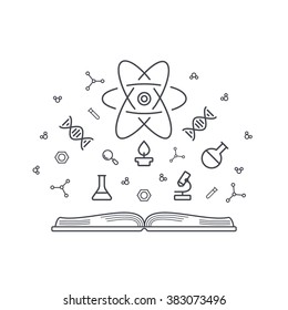 Science concept knowledge base - open book with chemical and physical elements of energy, dna, microscope, atoms, molecules. Line style vector for your website or print.