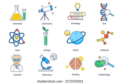 Science concept line icons set. Pack outline pictograms of chemistry, astronomy, knowledge, atom, biology, space, molecule, scientist, laboratory. Vector flat elements for mobile app and web design