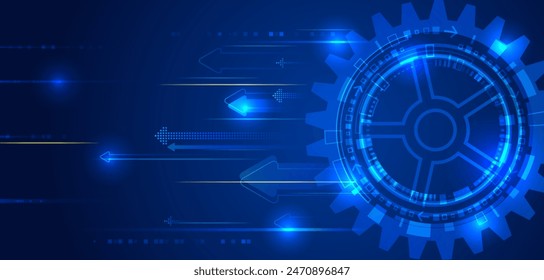 Science concept, lines, arrows and gear mechanism. Abstract high-tech communication for presentation or banner. Sci-fi blue background with different technological elements.