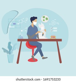 Science concept - Medical scientists are testing the Wuhan 2019-nCoV virus in the laboratory. Researchers researched DNA molecules with microscopy. Vector illustration in flat design style.