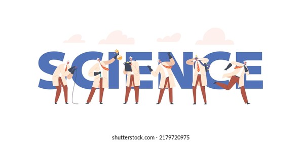 Science Concept Poster. Crazy Professor Wear Lab Coat, Nuts Doctor Character Conduct Experiment, Laugh, Writing Notes and Explode, Old Funny Scientist Man Banner or Flyer. Cartoon Vector Illustration