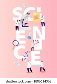 Concepto de ciencia. Los personajes científicos trabajan en laboratorio con equipo médico y experimento de conducta en el microscopio. Medicina, Química, Microbiología Afiche Cartel Caricatura Personas Vectoras Ilustración