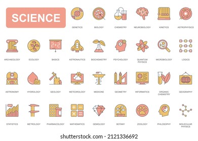 Science concept simple line icons set. Pack outline pictograms of biology, chemistry, biology, astronomy, psychology, microbiology, medicine and other. Vector elements for mobile app and web design