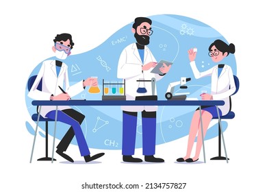 Science concept vector Illustration idea for landing page template, scientist in laboratory experiment research, biology, chemistry, physics knowledge scientific innovation. Hand drawn Flat Style
