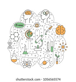 Science concept vector illustration. Modern thin line art flat style design element in the shape of human brain with scientific symbols, icons for website banners and printed materials.