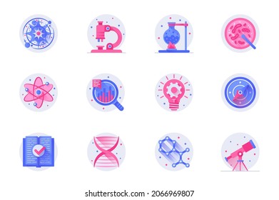 Science Concept Web Flat Color Icons With Shadow Set. Pack Pictograms Of Big Bang Theory, Microscope, Tube Test, Atom, Research And Other. Vector Illustration Of Symbols For Website Mobile App Design