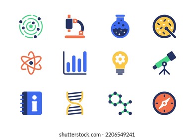 Science concept of web icons set in simple flat design. Pack of research laboratory, microscope, test tube, virus, discovery, data analysis, idea generate and other. Vector pictograms for mobile app