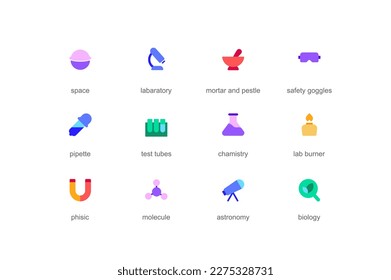 Science concept of web icons set in color flat design. Pack of space, laboratory, mortar and pestle, safety goggles, pipette, test tubes, chemistry, physics and other. Vector pictograms for mobile app