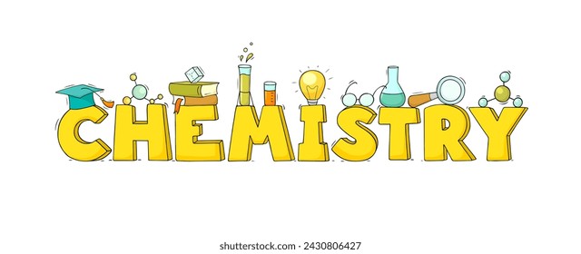 Concepto científico - palabra química con equipo de laboratorio para pruebas y experimentos. Laboratorio de educación, científico o farmacia con vasos de vidrio, libros, vidrio de lupa, ilustración vectorial de garabato