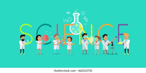 Science conceptual vector. Flat design. Human characters in white gowns with scientific instruments. Picture for education sources ad, laboratory research, illustrating, infographics, web design.