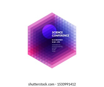 Conferência de Ciência. Fundo geométrico abstrato com cubo realista. Ilustração vetorial para faixa, cartaz, folheto e página de revista. 