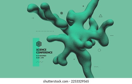 Science conference. Abstract three-dimensional composition in dotwork style. Pointillism graphic for online courses, master class, seminar, presentation, webinar or lecture. Vector illustration. 