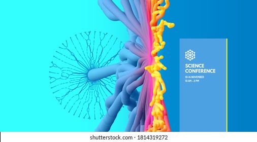 Science conference. Array with dynamic emitted particles. Abstract background with trendy gradient. 3d vector illustration for online courses, master class, seminar, presentation, webinar or lecture.