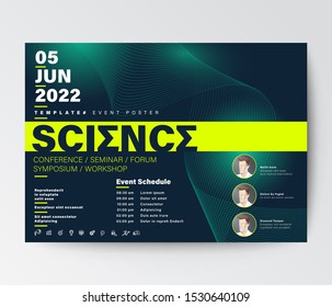 Science conference business design template. Futuristic green wave background for seminar event poster, leaflet, banner, presentation.