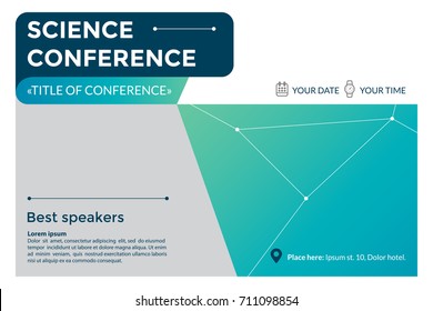 Science Conference Invitation Concept. Advertising Of Scientific Seminar. Colorful Simple Geometric Background. Template For Banner, Poster, Flyer, Magazine Page. Vector Eps 10.