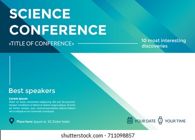 Science Conference Invitation Concept. Advertising Of Scientific Seminar. Colorful Simple Geometric Background. Template For Banner, Poster, Flyer, Magazine Page. Vector Eps 10.