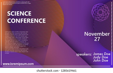 Science conference invitation design template, flyer layout. Geometric background. Minimal abstract cover design. Creative colorful wallpaper. Trendy gradient poster. Vector illustration.