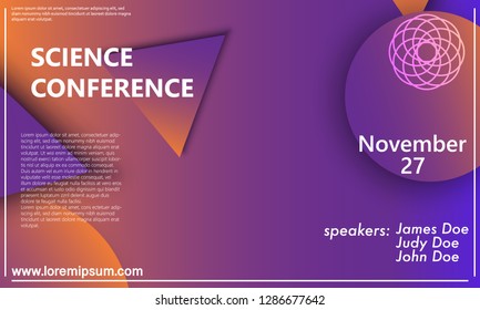 Science conference invitation design template, flyer layout. Geometric background. Minimal abstract cover design. Creative colorful wallpaper. Trendy gradient poster. Vector illustration.