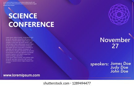 Science conference invitation design template, flyer layout. Geometric background. Minimal abstract cover design. Creative colorful wallpaper. Trendy gradient poster. Vector illustration.