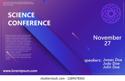 Science conference invitation design template, flyer layout. Geometric background. Minimal abstract cover design. Creative colorful wallpaper. Trendy gradient poster. Vector illustration.