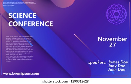 Science conference invitation design template, flyer layout. Geometric background. Minimal abstract cover design. Creative colorful wallpaper. Trendy gradient poster. Vector illustration.