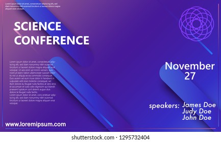 Science conference invitation design template, flyer layout. Geometric background. Minimal abstract cover design. Creative colorful wallpaper. Trendy gradient poster. Vector illustration.