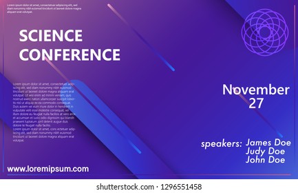 Science conference invitation design template, flyer layout. Geometric background. Minimal abstract cover design. Creative colorful wallpaper. Trendy gradient poster. Vector illustration.
